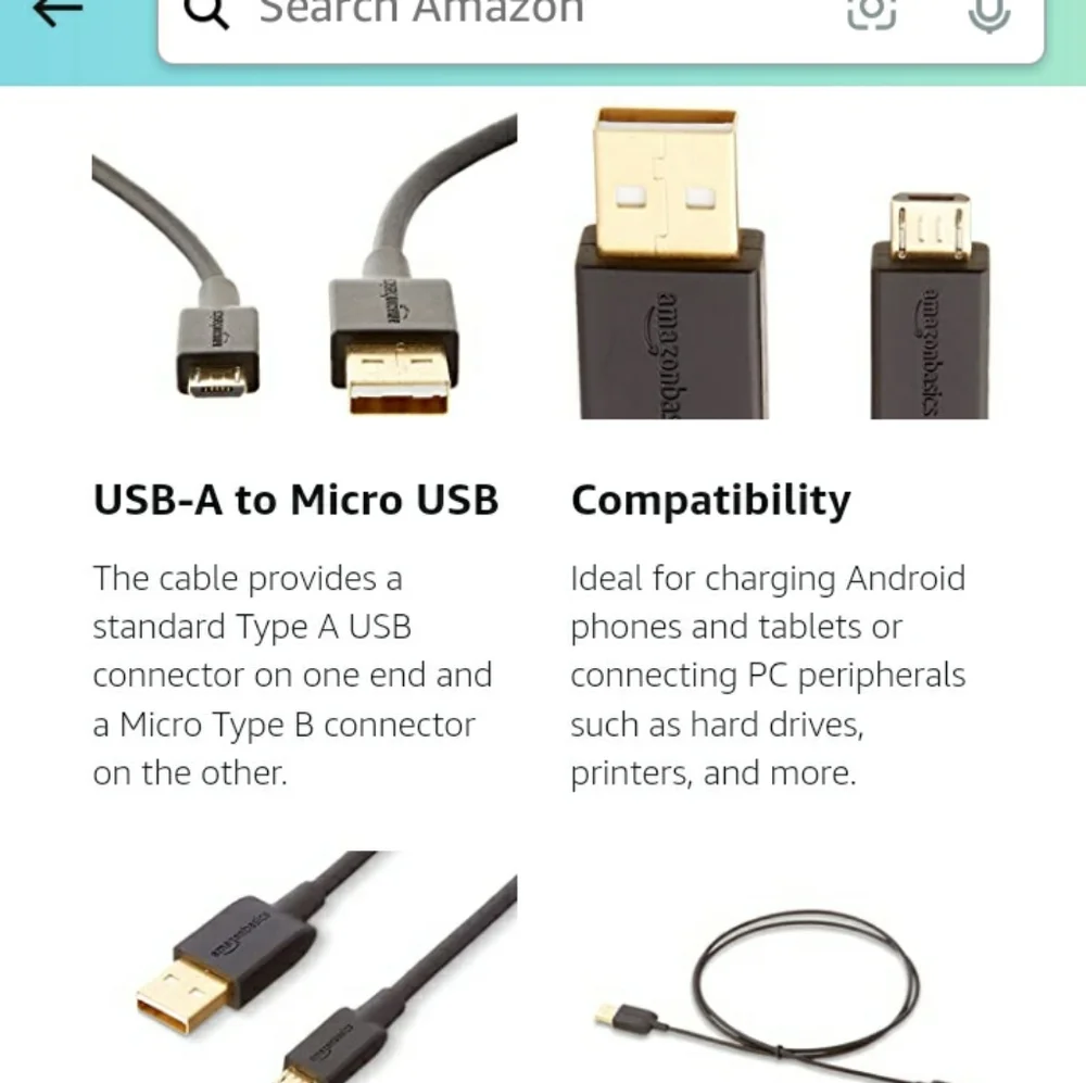 USB 2.0 A-Male to Micro B black charger cable 10 feet long. Android compatible.